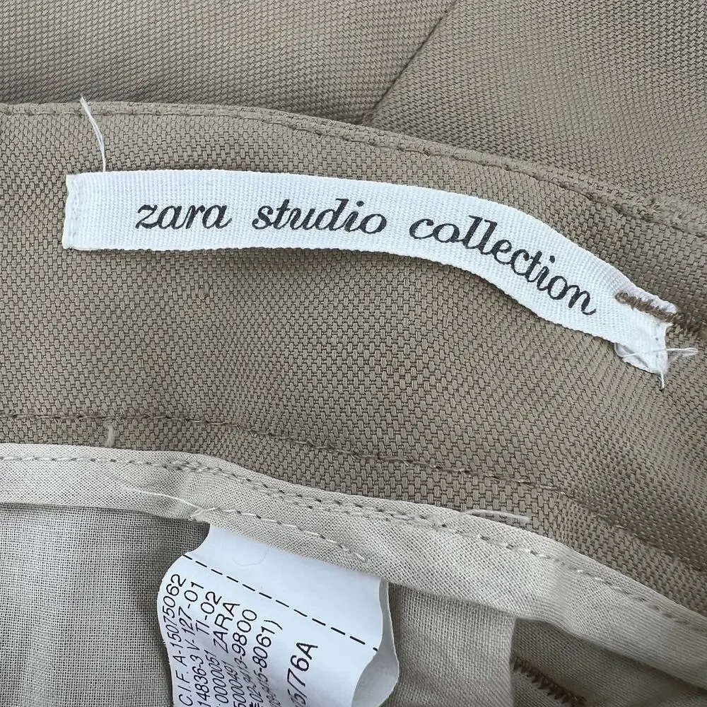 Zara Studio Collection Linen Blend Trouser Pant Womens 30 Tan Pleated High Waist